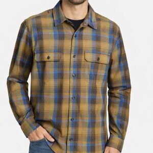 Eddie Bauer Travex Men’s Plaid Button Up Large Flannel Shirt Brown Blue Outdoor